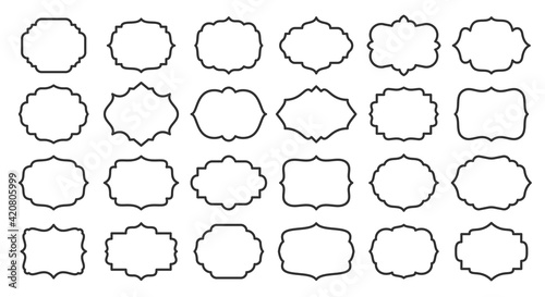 Label set, empty frame for card, certificate, menu. Line style different shape sticker template for jar, container, bottle, pack. Contour blank for text about product, sale info. Outline retro border