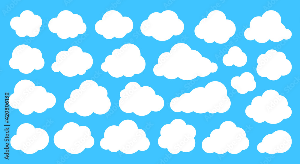 Abstract white flat clouds set isolated on blue sky background. Different shapes fluffy cloud icon symbol collection. Cute cartoon think speech bubble template. Network web banner concept clipart