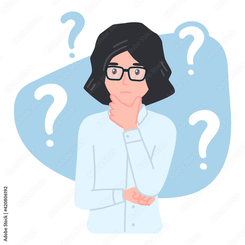Confused businesswoman is thinking with crossed arm. Question mark. Musing female employee Confused businesswoman is thinking with crossed arm. Question mark. Musing female employee