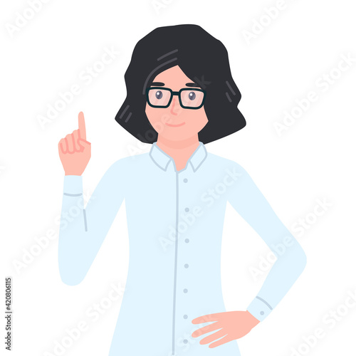 Businesswoman pointing finger up, came up with idea, gesturing. Office employee