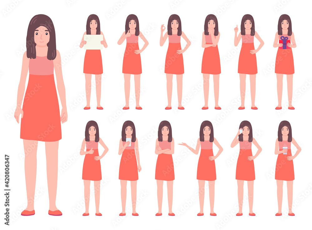 Young woman in different poses set. Female character gestures, emotions in various action bundle Young woman in different poses set. Female character gestures, emotions in various action bundle