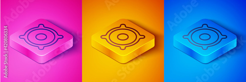 Isometric line Stereo speaker icon isolated on pink and orange, blue background. Sound system speakers. Music icon. Musical column speaker bass equipment. Square button. Vector