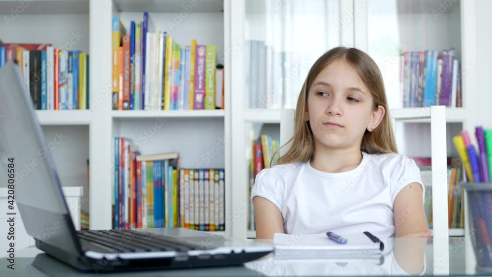 Bored Child Studying for School, Tired Kid at Study Office, Student Girl Doing Homework, Online Education in Pandemic Crises Bored Child Studying for School, Tired Kid at Study Office, Student Girl Doing Homework, Online Education in Pandemic Crises