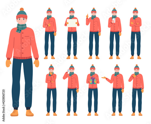 Young man wearing winter clothes in different poses set. Casual outfit male character gestures