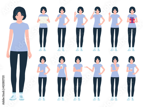 Woman in different poses set. Female character gestures, emotions in various action bundle