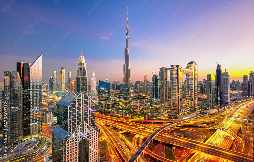 Dubai ,Dubai - amazing city center skyline with luxury skyscrapers at sunrise, United Arab Emirates
