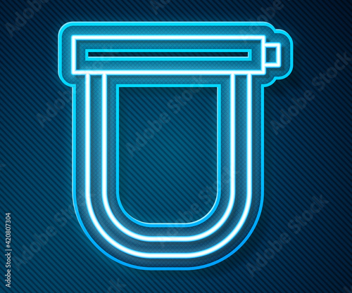 Glowing neon line Bicycle lock U shaped industrial icon isolated on blue background. Vector