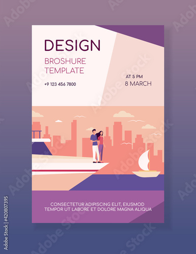 Happy couple standing on edge of yacht. Sea, cityscape, wealth flat vector illustration. Vacation and sailing concept for banner, website design or landing web page