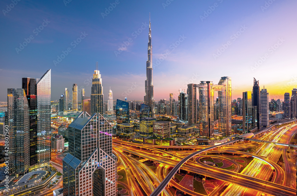 UAE center TOP Dubai - amazing city center skyline with luxury skyscrapers, United Arab Emirates