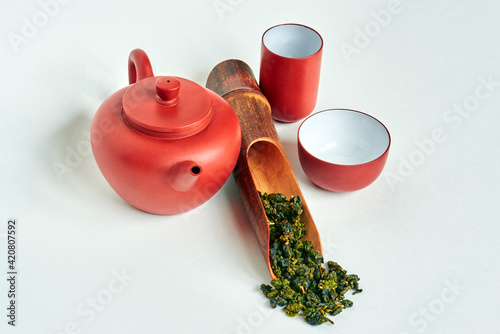 Принти на полотні traditional сhinese teapot made of Yixing clay, oolong Li shan tea, tea wooden