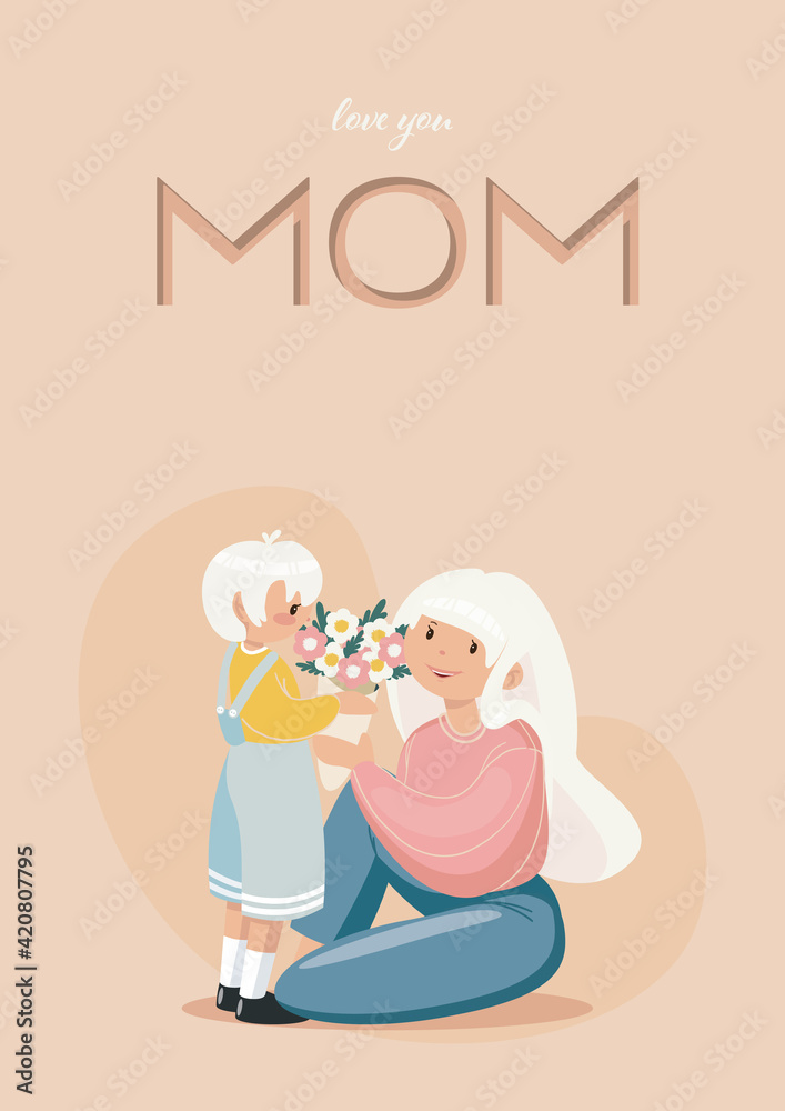 He boy gives his mother flowers for Mother's Day. Vector greeting card for Mother's Day. He boy gives his mother flowers for Mother's Day. Vector greeting card for Mother's Day.