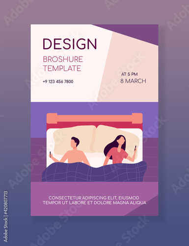 Couple using cellphones in bedroom. People lying in bed, looking at gadget screens. Flat vector illustration. Insomnia, sleep problem concept for banner, website design or landing web page