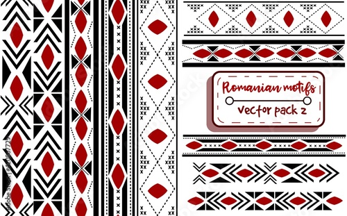 Romanian traditional embroidery with moldavian motifs. Seamless patterns and borders with national knitted balkanic elements. Cross-stitch ukrainian and eastern european ribbons. photo