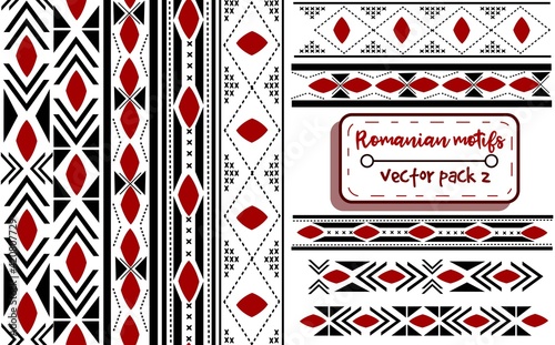 Romanian traditional embroidery with moldavian motifs. Seamless patterns and borders with national knitted balkanic elements. Cross-stitch ukrainian and eastern european ribbons.