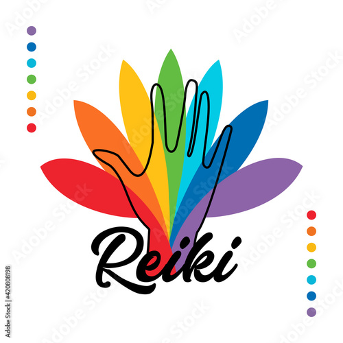 Healing Reiki energi. Reiki symbol. Logotype spiritual practice. The colors of the chakras in the healing hand. Vector.