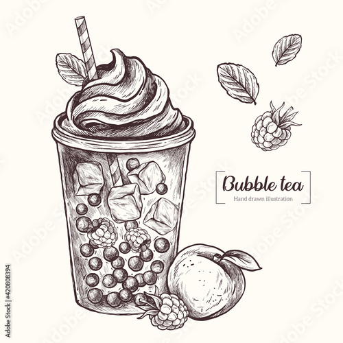 Bubble tea in graphic style. Drink with ice and tapioca. Peach, raspberry, mint. Vector Hand Drawn in doodle style. Sketch Botanical Illustration. Eco healthy food. 