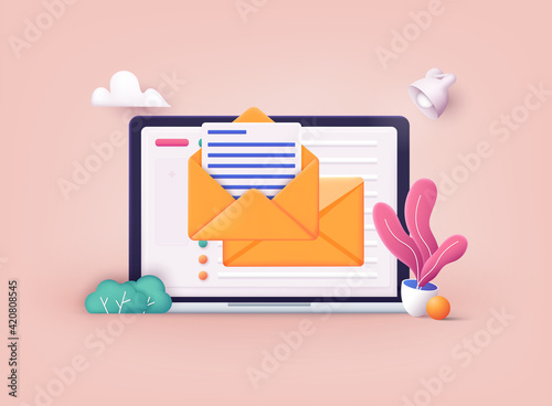 Mail service concept. Laptop with open pages. 3D Web Vector Illustrations.