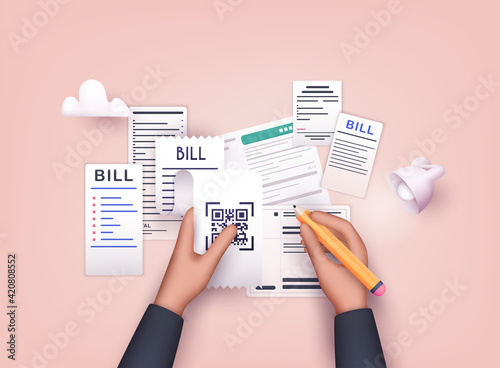 Hands holding Paying bills and pencil. Payment of utility, bank, restaurant and other. 3D Web Vector Illustrations.