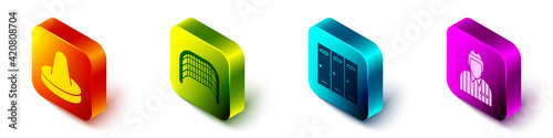 Set Isometric Mallet for playing air hockey, Ice hockey goal, Locker or changing room and Hockey judge, referee, arbiter icon. Vector