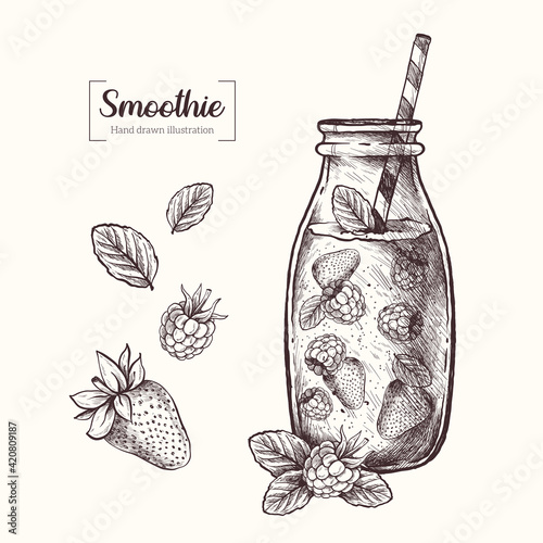 Smoothie in graphic style. Milkshake with strawberries, raspberries and mint. Vector Hand Drawn in doodle style. Sketch Botanical Illustration. Eco healthy food. 