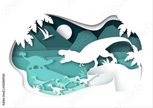 Paper cut dino silhouettes and nature landscape, vector illustration. Dinosaur, reptile wild animal. Archeology, history