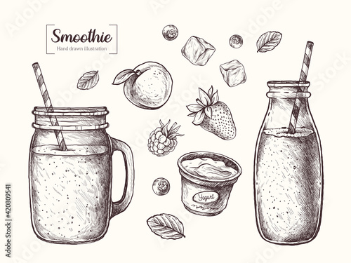 Smoothie in graphic style. Milkshake, strawberries, raspberries, yogurt, peach, blueberry and mint. Vector Hand Drawn in doodle style. Sketch Botanical Illustration. Eco healthy food. 