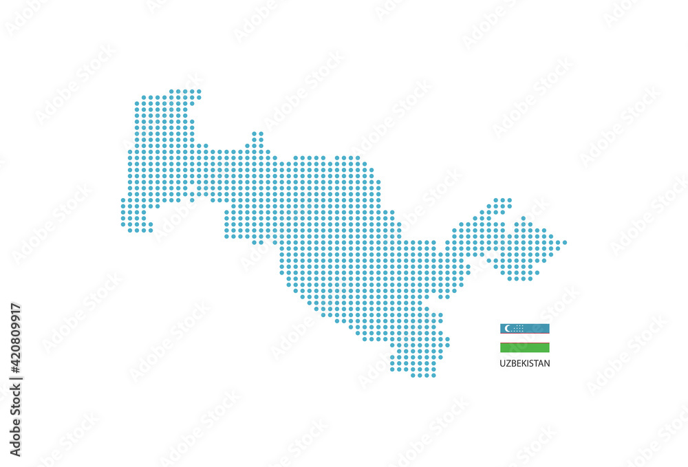 Uzbekistan map design blue circle, white background with Uzbekistan flag.