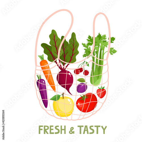 Vector illustration of vegetables and fruits in zero waste string bag