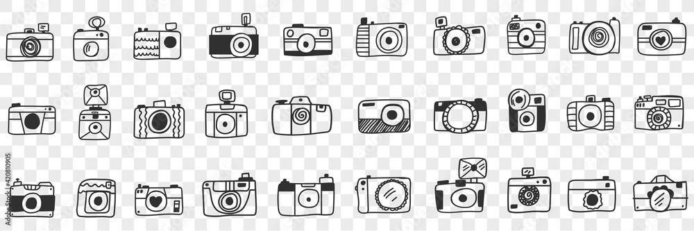Photo camera with lens doodle set. Collection of hand drawn various photo camera equipment for photographers work isolated on transparent background