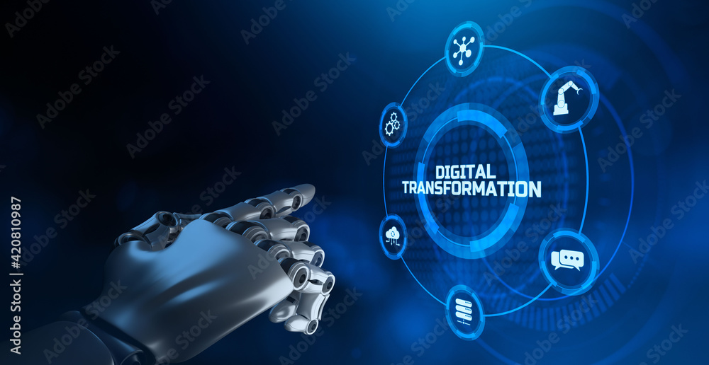 Fototapeta premium Digital transformation disruption innovation technology concept. Robot hand pressing button. 3d rendering.