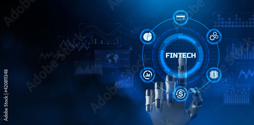 FIntech Financial technology online banking e-payment. Robotic arm 3d rendering.