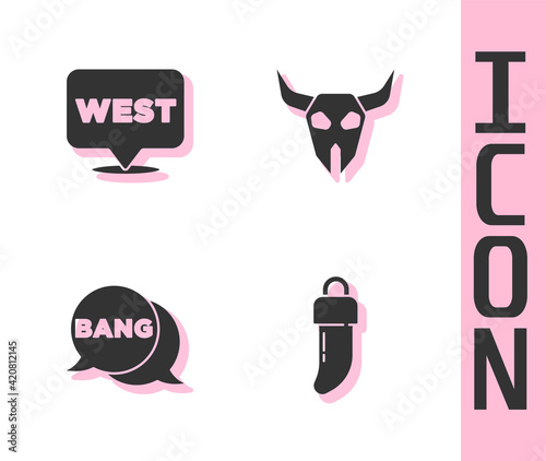 Set Tooth, Pointer to wild west, Bang boom, gun Comic and Buffalo skull icon. Vector