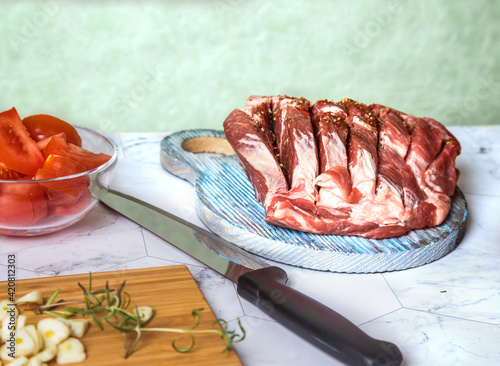 Raw meat products, pork neck.The concept of home cooking.