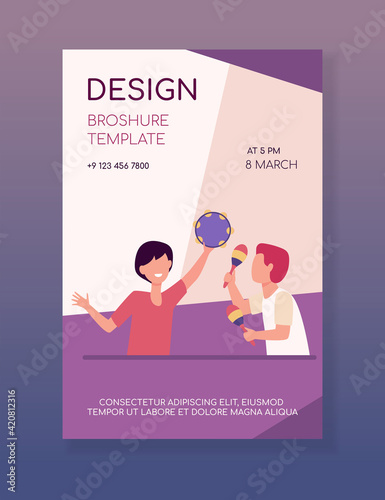 Cute children playing music with tambourine and maracas. Rhythm, musician, boy flat illustration. Entertainment and fun concept for banner, website design or landing web page