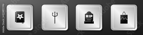 Set Ancient magic book, Neptune Trident, Tombstone with RIP written and Burning candle icon. Silver square button. Vector