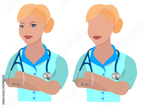 Two types of illustration of physician doctor with stethoscope - with face details and without. High quality photo