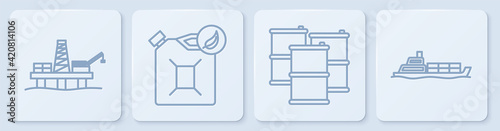 Set line Oil platform in the sea, Barrel oil, Bio fuel canister and Oil tanker ship. White square button. Vector
