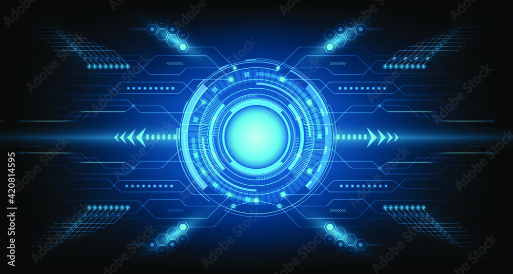 Digital circuit technology future, system data connection interface computer on dark blue background Digital circuit technology future, system data connection interface computer on dark blue background