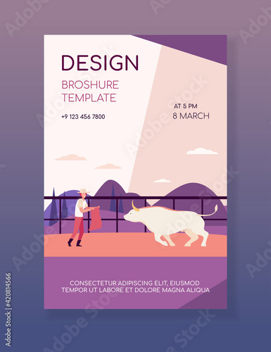 Toreador with red cape training bull. Matador, picador, bullfighting. Flat vector illustration. Corrida, Spain, traditional performers concept for banner, website design or landing web page