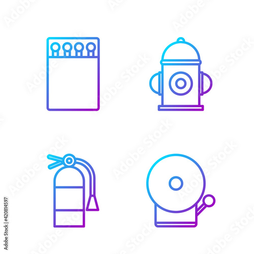Set line Ringing alarm bell, Fire extinguisher, Open matchbox and matches and Fire hydrant. Gradient color icons. Vector