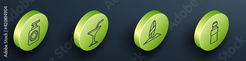 Set Isometric Sunscreen spray bottle, Martini glass, Surfboard and Bottle of water icon. Vector