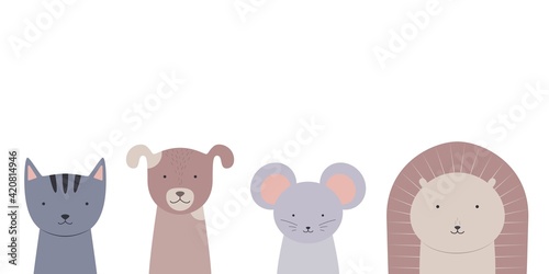 Cute animals set - cat, dog, mouse, hedgehog. Vector illustration.