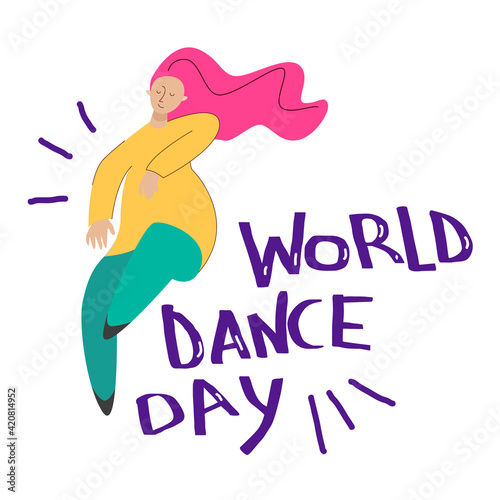 International dance day vector concept. Cartoon women with colorful hair dancing. 