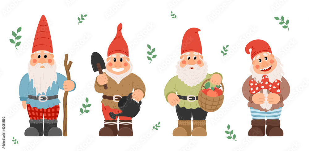 Collection of garden gnomes or dwarfs holding lantern, banner, mushroom, watering can. fairy tale gnomes with lanterns and garden tools in hats colorful cartoon vector set