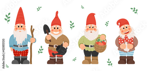 Collection of garden gnomes or dwarfs holding lantern, banner, mushroom, watering can. fairy tale gnomes with lanterns and garden tools in hats colorful cartoon vector set