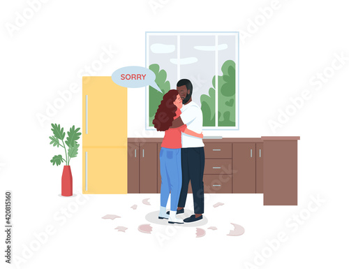 Couple making up flat color vector detailed characters. Boyfriend and girlfriend hugging, say sorry. Family conflict resolved isolated cartoon illustration for web graphic design and animation