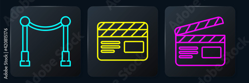 Set line Carpet with barriers, Movie clapper and Movie clapper. Black square button. Vector
