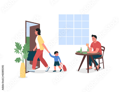 Mother with child leave alcoholic father flat color vector detailed characters. Family breakup. Couple separate. Alcoholism isolated cartoon illustration for web graphic design and animation
