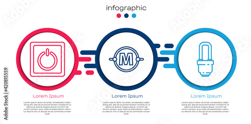 Set line Electric light switch, Electric circuit scheme and LED light bulb. Business infographic template. Vector