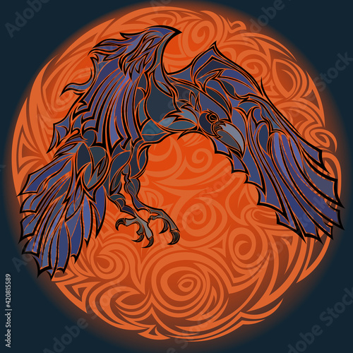 Gloomy patterned raven flying against the background of a blazing moon. Flaming ball vector illustration with purple crow